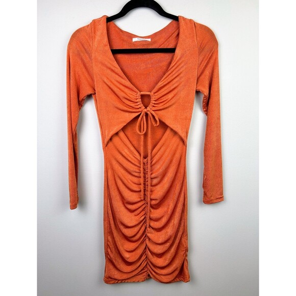 PepperMayo Cora Mini Dress Long Sleeve Bodycon Cut Outs Ruched Ring Tie Orange 4 - Picture 2 of 13